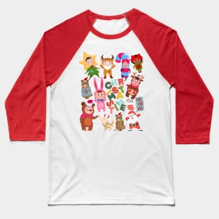 Retro Christmas Holiday Characters Baseball T-Shirt